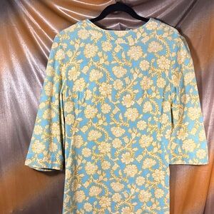 Vintage 60’s linen 38”‎ chest. 3/4 sleeve. Floral Blue and Cream Dress. GG